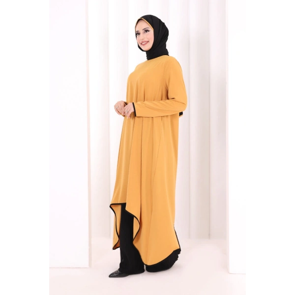 Tunik Şal ve Pantolon Üçlü Takım 8030 Hardal-Siyah
