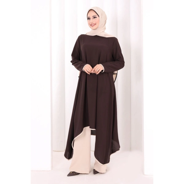 Tunik Şal ve Pantolon Üçlü Takım 8030 Kahverengi