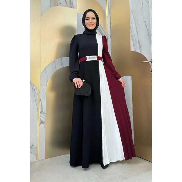 Üç Renkli Bel Kemer Pilise Detay Elbise 3622 Bordo