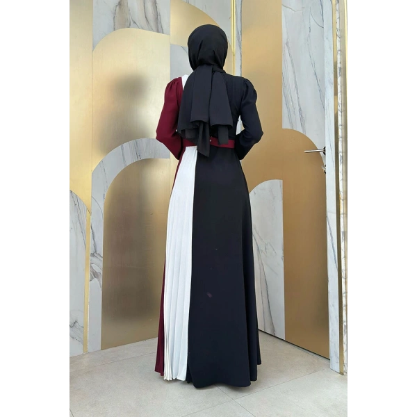 Üç Renkli Bel Kemer Pilise Detay Elbise 3622 Bordo