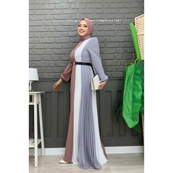 Üç Renkli Bel Kemer Pilise Detay Elbise 3622 Füme