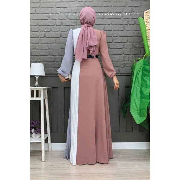 Üç Renkli Bel Kemer Pilise Detay Elbise 3622 Füme