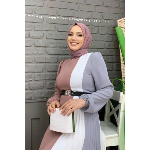 Üç Renkli Bel Kemer Pilise Detay Elbise 3622 Füme