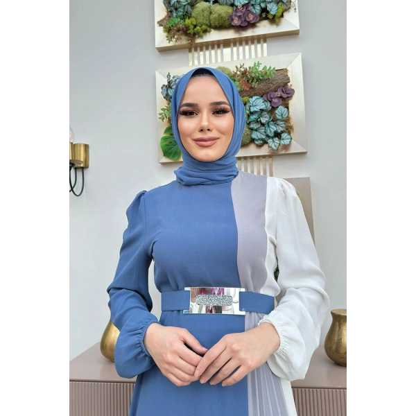 Üç Renkli Bel Kemer Pilise Detay Elbise 3622 İndigo