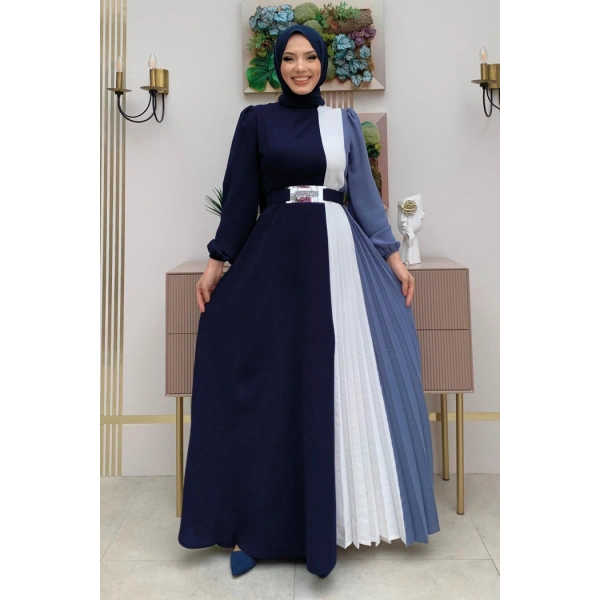 Üç Renkli Bel Kemer Pilise Detay Elbise 3622 Lacivert