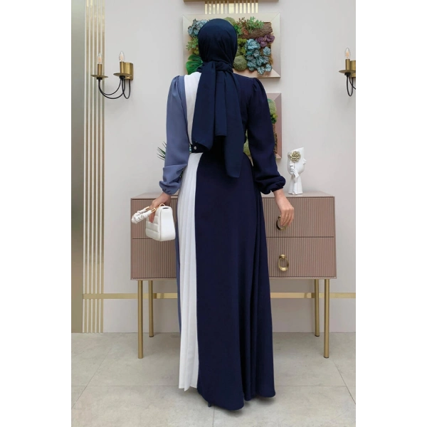 Üç Renkli Bel Kemer Pilise Detay Elbise 3622 Lacivert