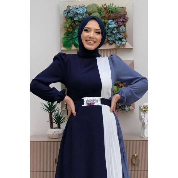 Üç Renkli Bel Kemer Pilise Detay Elbise 3622 Lacivert