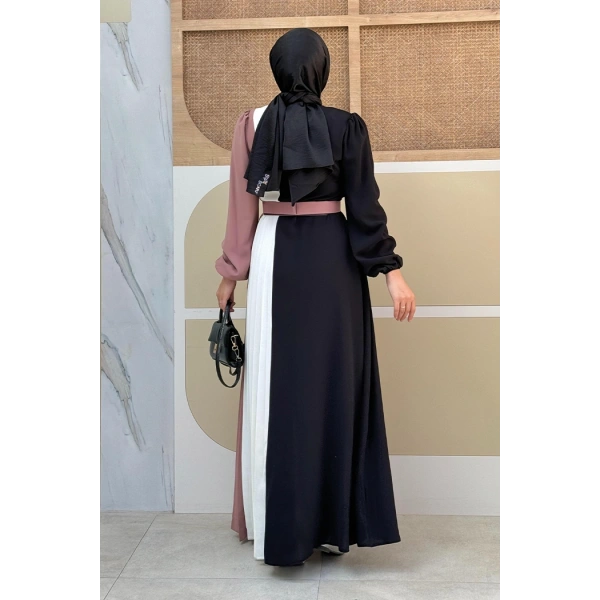 Üç Renkli Bel Kemer Pilise Detay Elbise 3622 Pudra