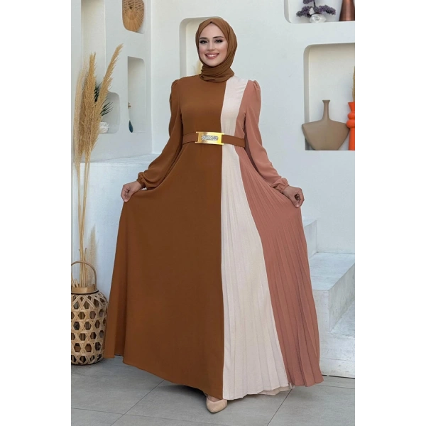 Üç Renkli Bel Kemer Pilise Detay Elbise 3622 Taba