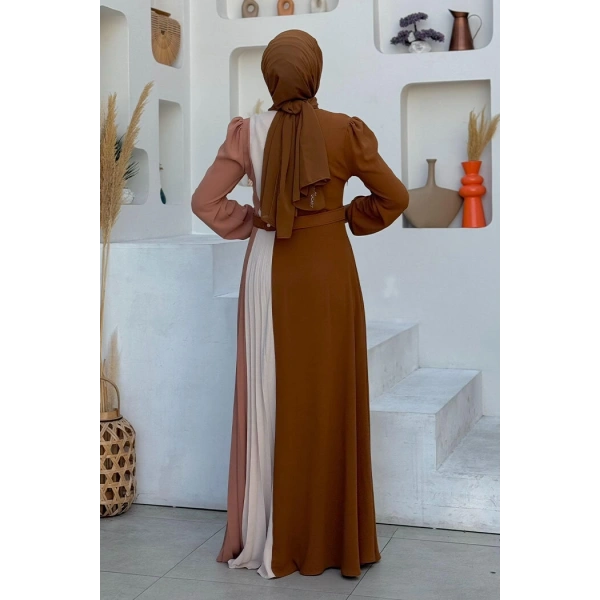 Üç Renkli Bel Kemer Pilise Detay Elbise 3622 Taba