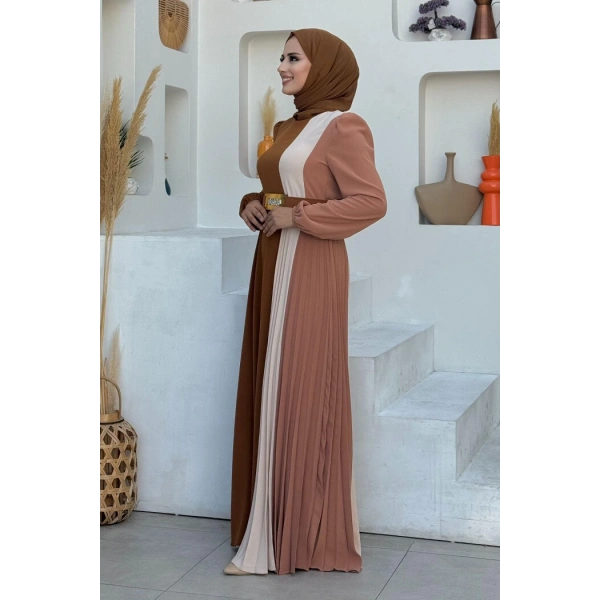 Üç Renkli Bel Kemer Pilise Detay Elbise 3622 Taba