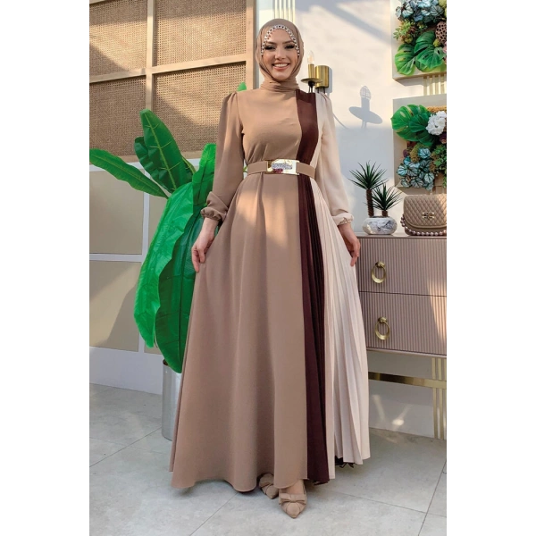 Üç Renkli Bel Kemer Pilise Detay Elbise 3622 Vizon