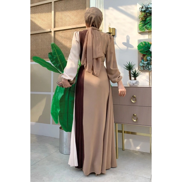 Üç Renkli Bel Kemer Pilise Detay Elbise 3622 Vizon