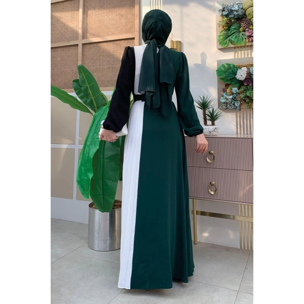 Üç Renkli Bel Kemer Pilise Detay Elbise 3622 Zümrüt
