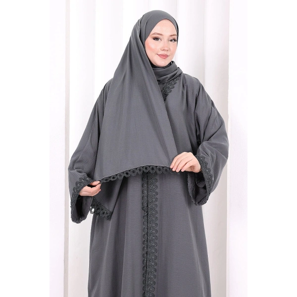 Üçlü Dantelli Abayalı Takım 6089 Füme