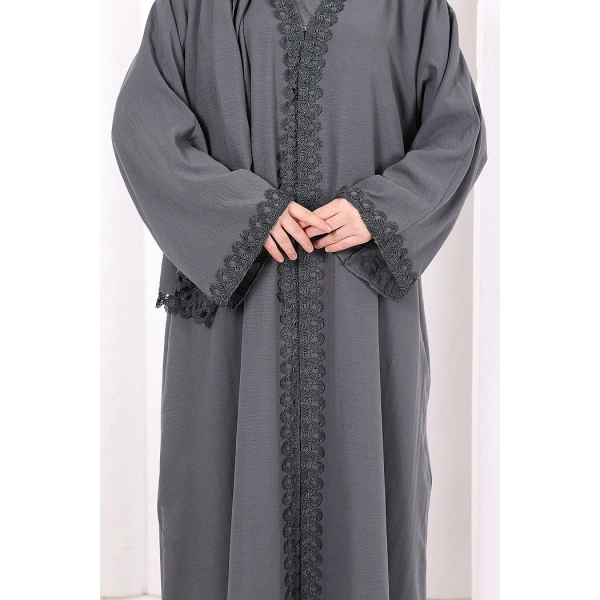 Üçlü Dantelli Abayalı Takım 6089 Füme