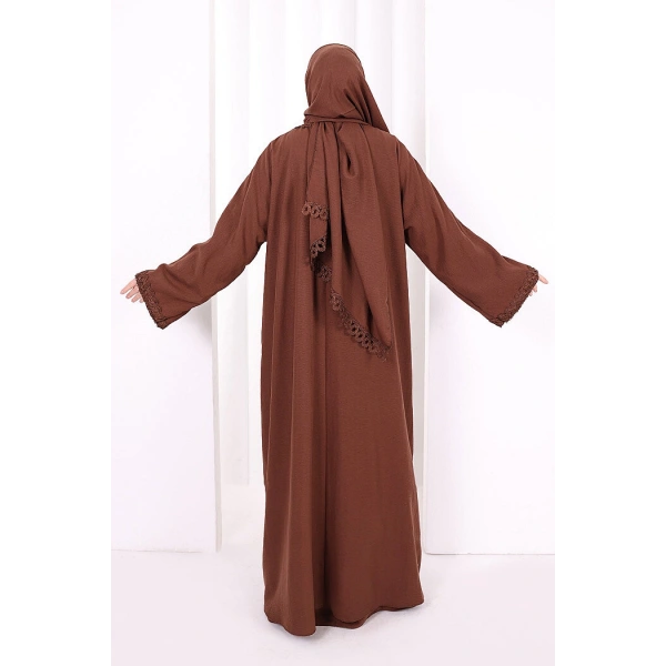 Üçlü Dantelli Abayalı Takım 6089 Kahverengi