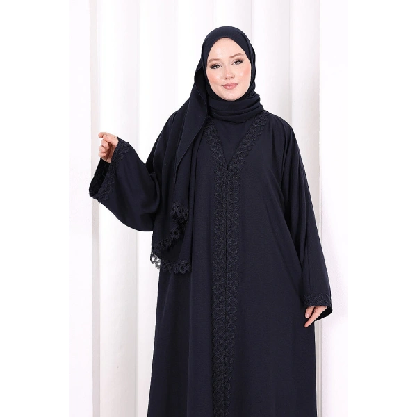Üçlü Dantelli Abayalı Takım 6089 Lacivert