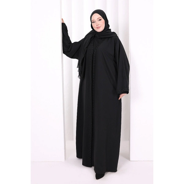 Üçlü Dantelli Abayalı Takım 6089 Siyah