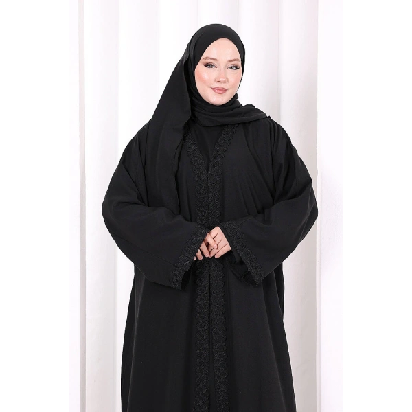Üçlü Dantelli Abayalı Takım 6089 Siyah