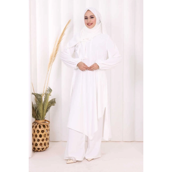 Umre Dubai Tunik Pantolon Takım ŞAL HEDİYE  8003 Ekru