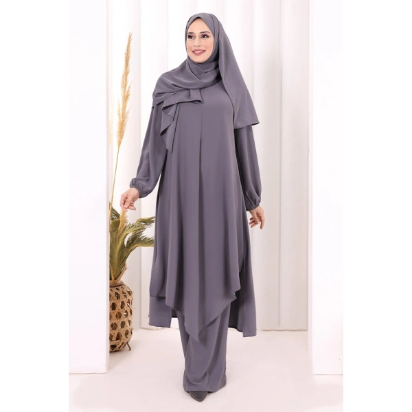 Umre Dubai Tunik Pantolon Takım ŞAL HEDİYE  8003 Gri