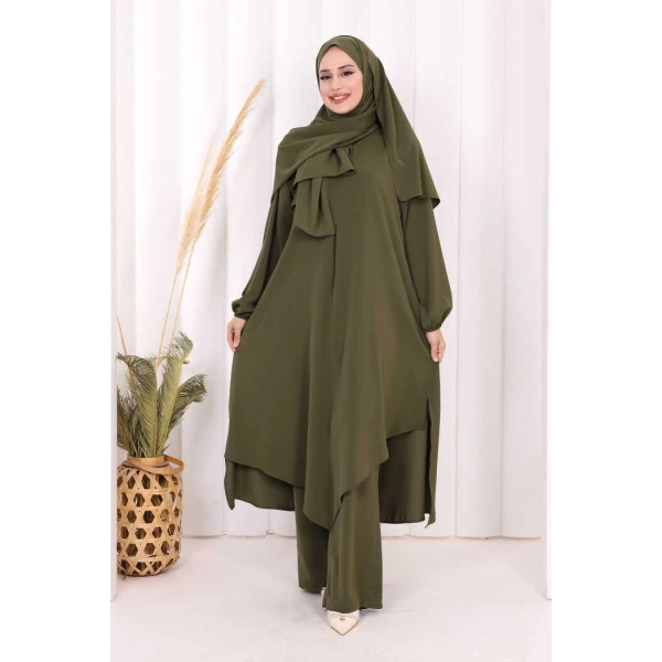 Umre Dubai Tunik Pantolon Takım ŞAL HEDİYE  8003 Haki