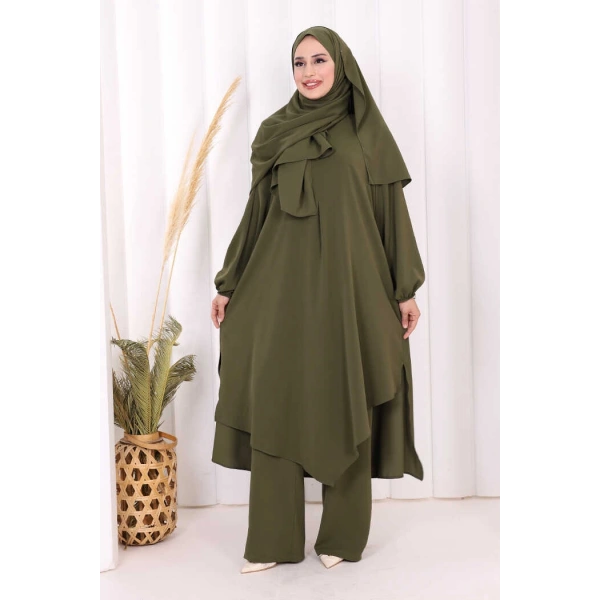Umre Dubai Tunik Pantolon Takım ŞAL HEDİYE  8003 Haki