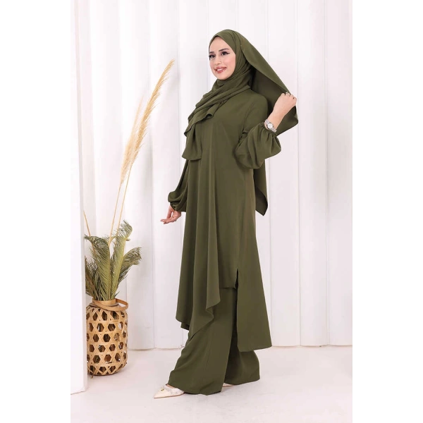 Umre Dubai Tunik Pantolon Takım ŞAL HEDİYE  8003 Haki