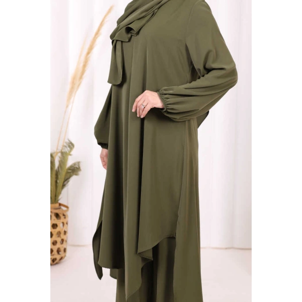 Umre Dubai Tunik Pantolon Takım ŞAL HEDİYE  8003 Haki
