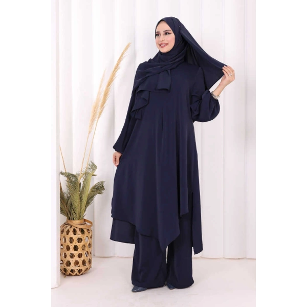Umre Dubai Tunik Pantolon Takım ŞAL HEDİYE  8003 Lacivert