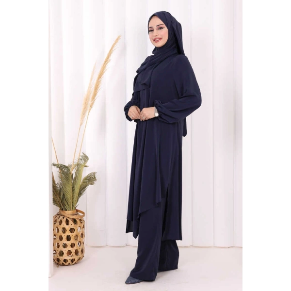 Umre Dubai Tunik Pantolon Takım ŞAL HEDİYE  8003 Lacivert