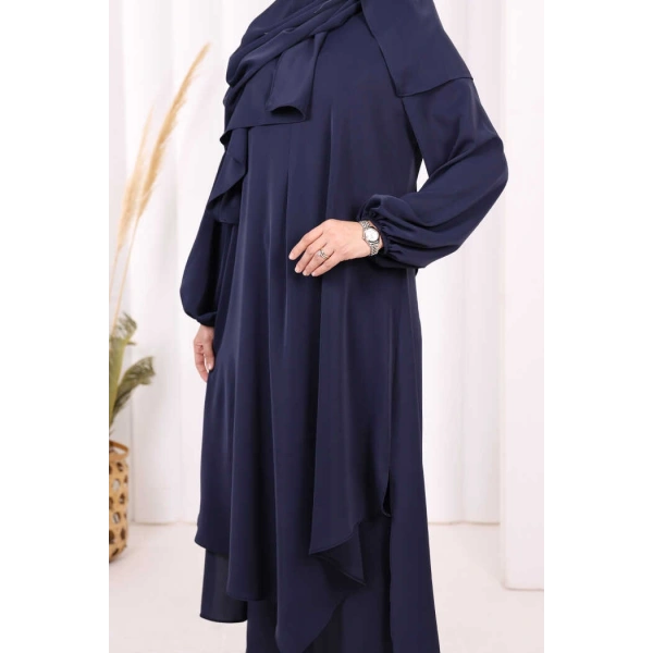Umre Dubai Tunik Pantolon Takım ŞAL HEDİYE  8003 Lacivert