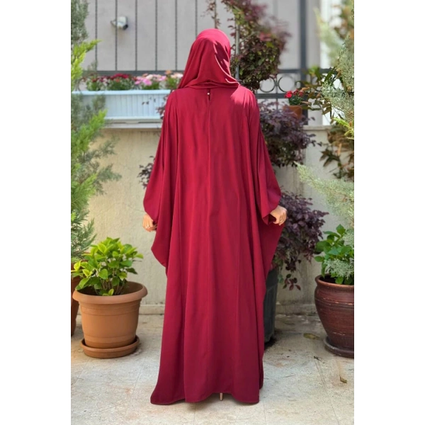 Umre Yarasakol Belden Kuşaklı Peçeli, Şallı Elbise 6038 Bordo