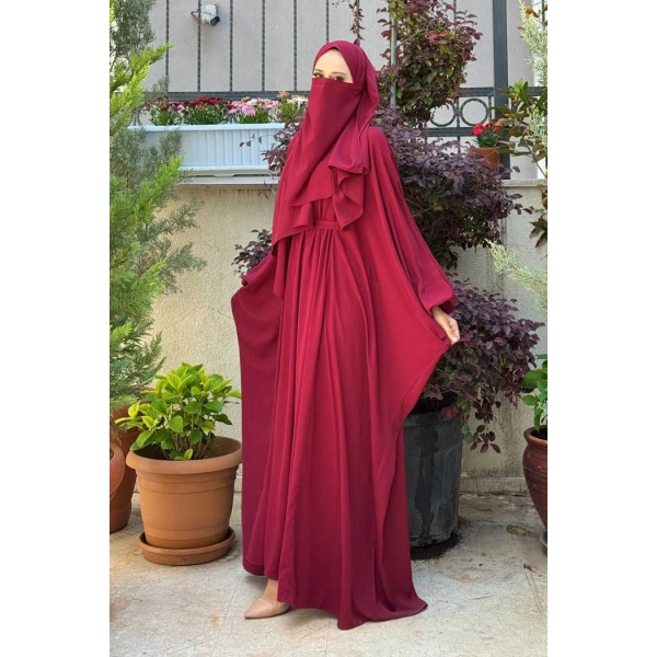 Umre Yarasakol Belden Kuşaklı Peçeli, Şallı Elbise 6038 Bordo
