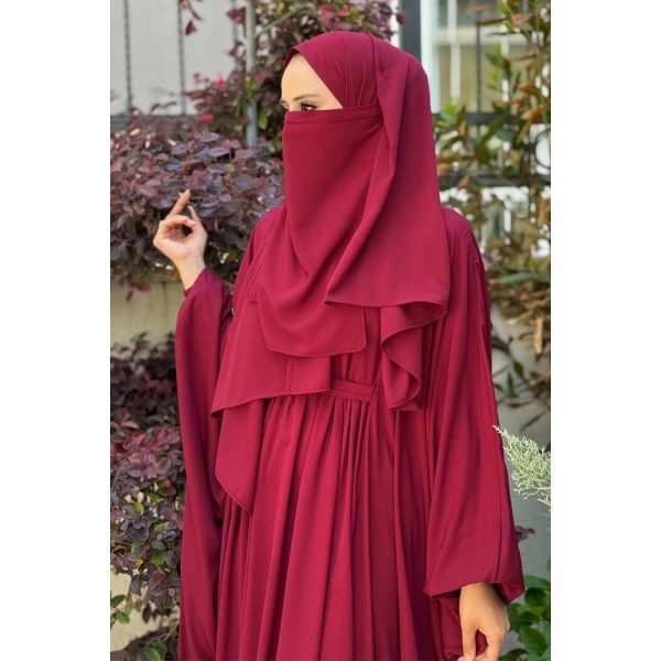 Umre Yarasakol Belden Kuşaklı Peçeli, Şallı Elbise 6038 Bordo