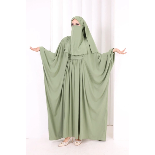 Umre Yarasakol Belden Kuşaklı Peçeli, Şallı Elbise 6038 Mint