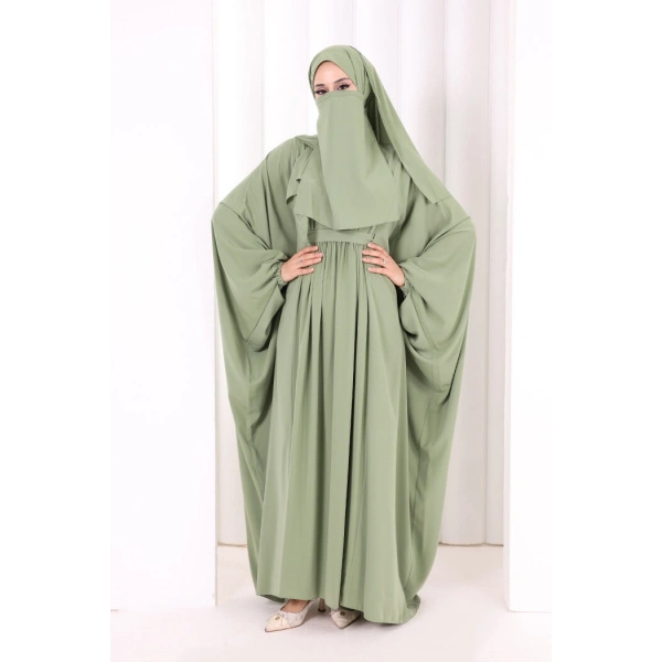 Umre Yarasakol Belden Kuşaklı Peçeli, Şallı Elbise 6038 Mint