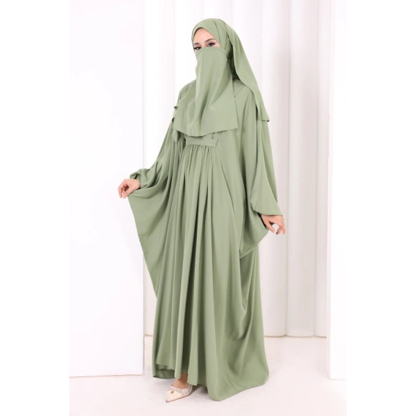 Umre Yarasakol Belden Kuşaklı Peçeli, Şallı Elbise 6038 Mint