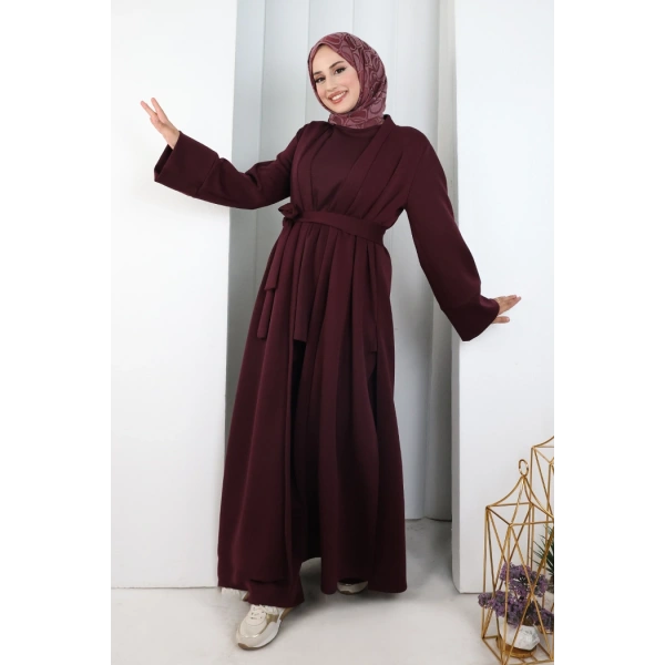 Uzun Hırkalı Üçlü Takım 8716 Mürdüm