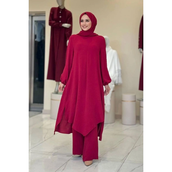 Verevli Tunik, Pantolon Takım Şal  HEDİYE   3937 Bordo