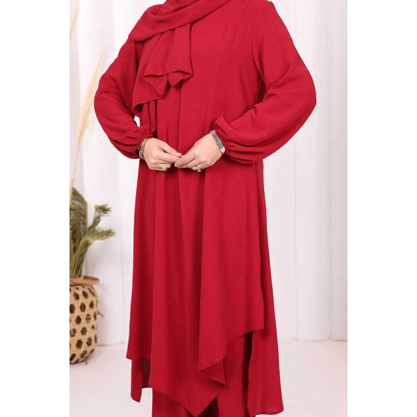 Verevli Tunik, Pantolon Takım Şal  HEDİYE   3937 Bordo