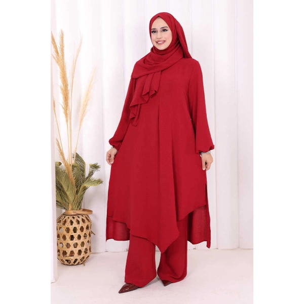 Verevli Tunik, Pantolon Takım Şal  HEDİYE   3937 Bordo
