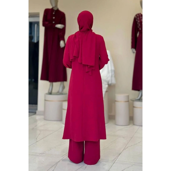 Verevli Tunik, Pantolon Takım Şal  HEDİYE   3937 Bordo