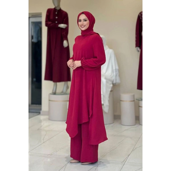 Verevli Tunik, Pantolon Takım Şal  HEDİYE   3937 Bordo