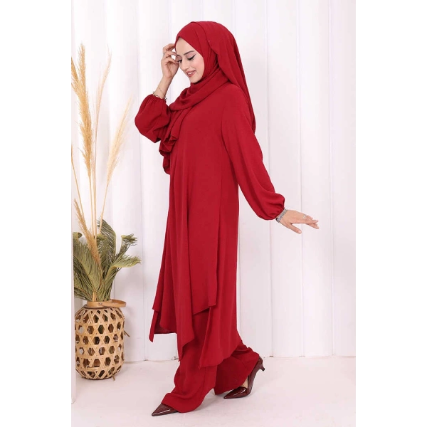 Verevli Tunik, Pantolon Takım Şal  HEDİYE   3937 Bordo