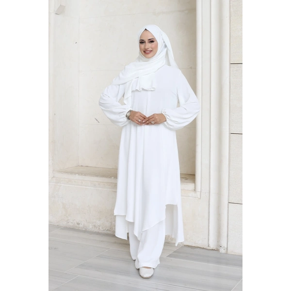 Verevli Tunik, Pantolon Takım Şal  HEDİYE   3937 Ekru