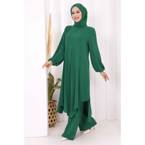 Verevli Tunik, Pantolon Takım Şal  HEDİYE   3937 Zümrüt