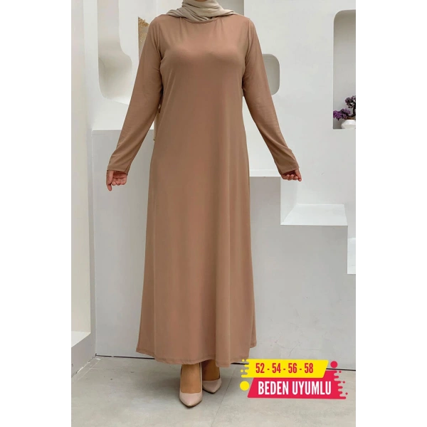 XXL Büyük Beden Düz Bisklet Yaka Uzun Kol İç Sandy Elbise 3202-3 Taba