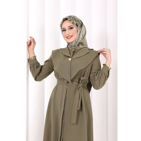 Yaka Detaylı Ferace Elbise 7066 Haki